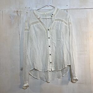 Free People Top Women Sz M White Sheer Dot Boho Peasant Romantic Crochet